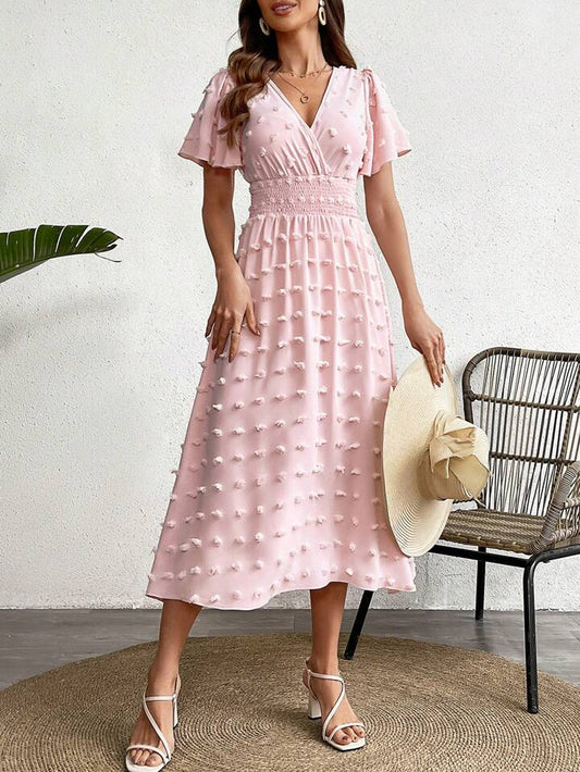 CM-DS224449 Women Casual Seoul Style Short Sleeve V-Neck Waist Gathered Dress - Pink