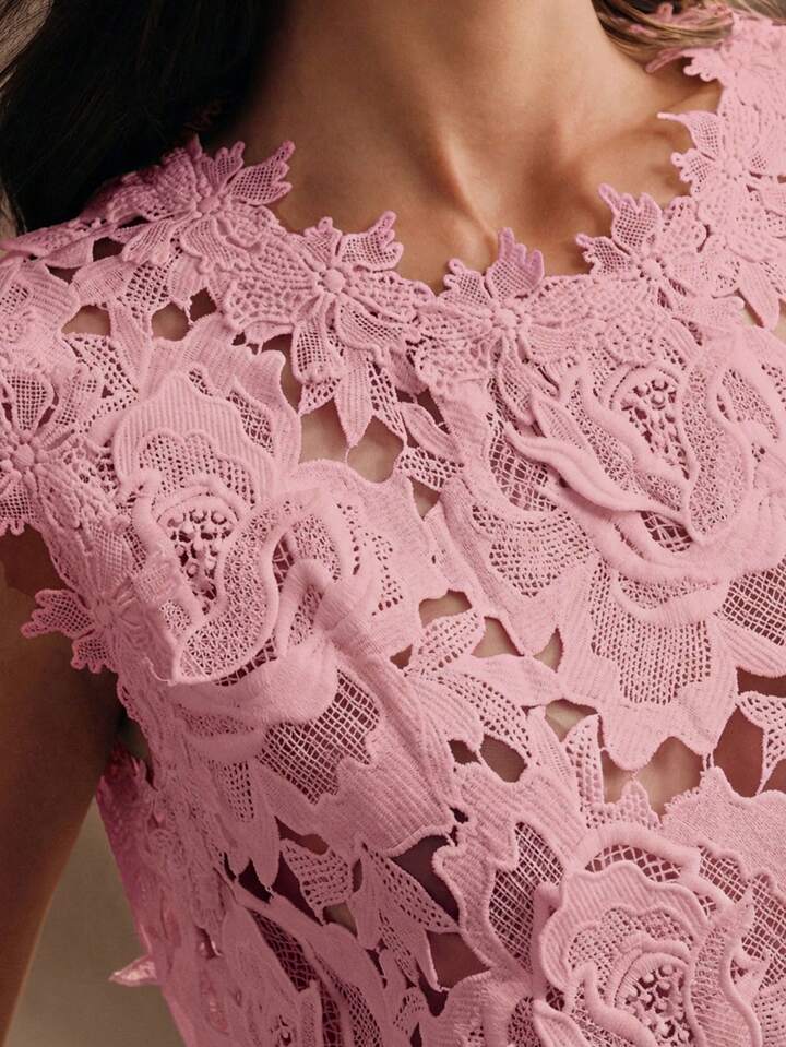 CM-TS375233 Women Elegant Seoul Style Round Neck Sleeveless Lace Embroidered Blouse - Pink