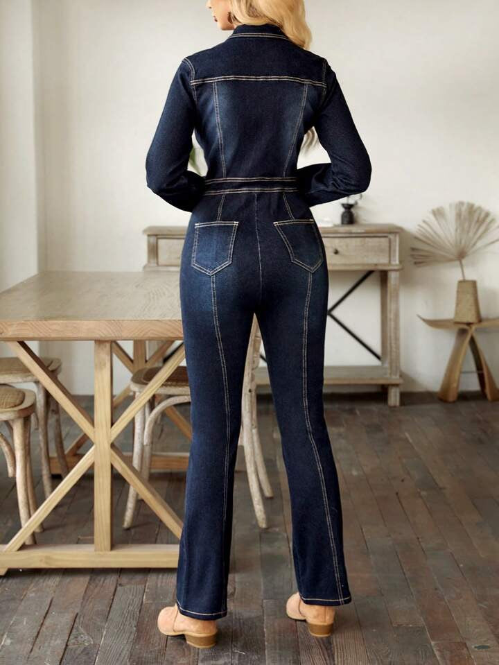 CM-JS005676 Women Casual Seoul Style Button-Smbellished Zip-Up Denim Jumpsuit - Blue