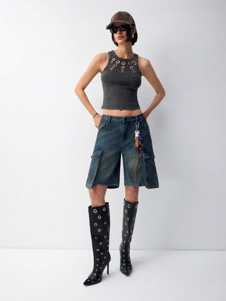 CM-BS497784 Women Casual Seoul Style Washed Drop Waist Denim Cargo Shorts - Blue