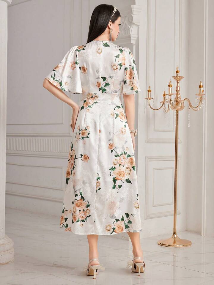 CM-DS969986 Women Elegant Seoul Style Floral Printed Butterfly Sleeve A-Line Dress