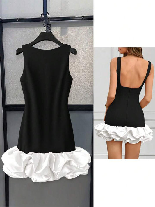 CM-DS382544 Women Elegant Seoul Style Round Neck Sleeveless Ruffle Hem Short A-Line Dress