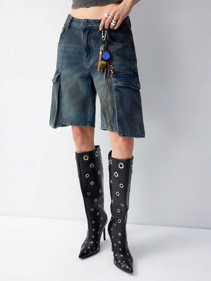 CM-BS497784 Women Casual Seoul Style Washed Drop Waist Denim Cargo Shorts - Blue