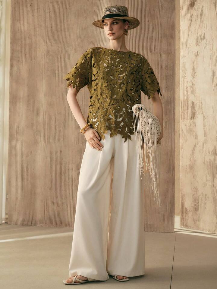 CM-TS431295 Women Trendy Bohemian Style Embroidered Round Neck Short Sleeve Top - Green