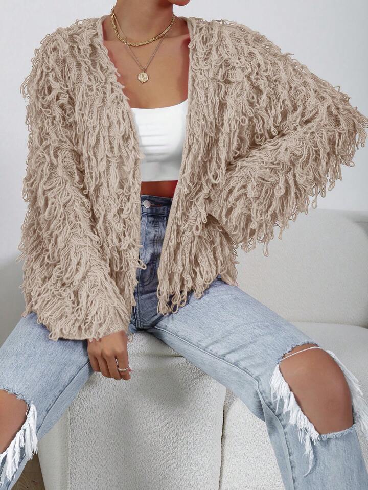 CM-CS117553 Women Casual Seoul Style Long Sleeve Shaggy Knit Duster Cardigan - Khaki