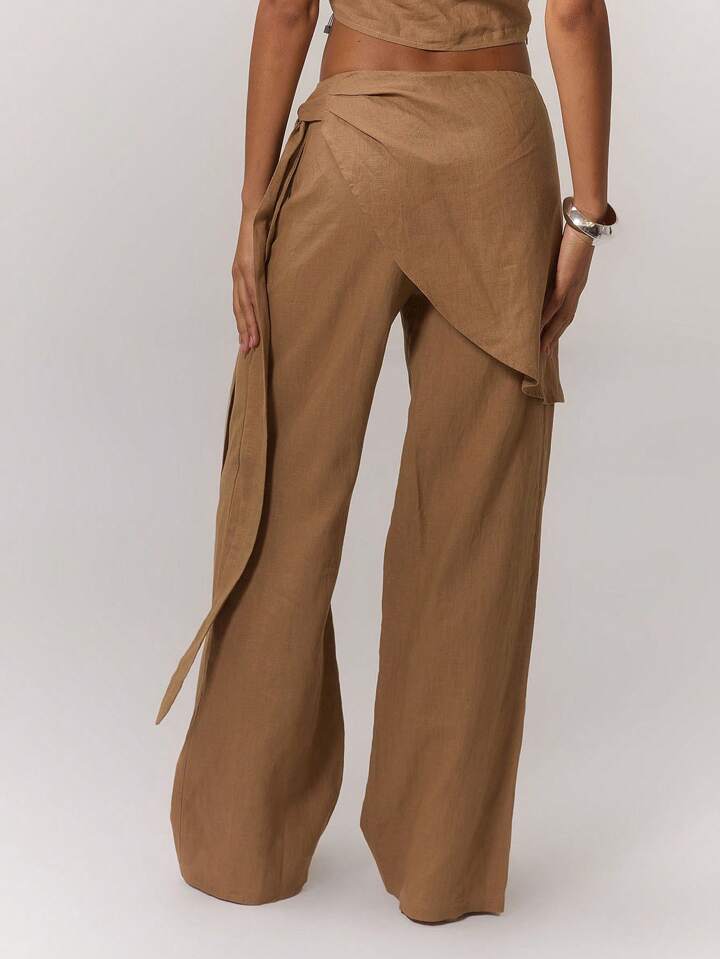 CM-BS115332 Women Trendy Bohemian Style Linen Look Layered Straight Leg Trousers - Brown