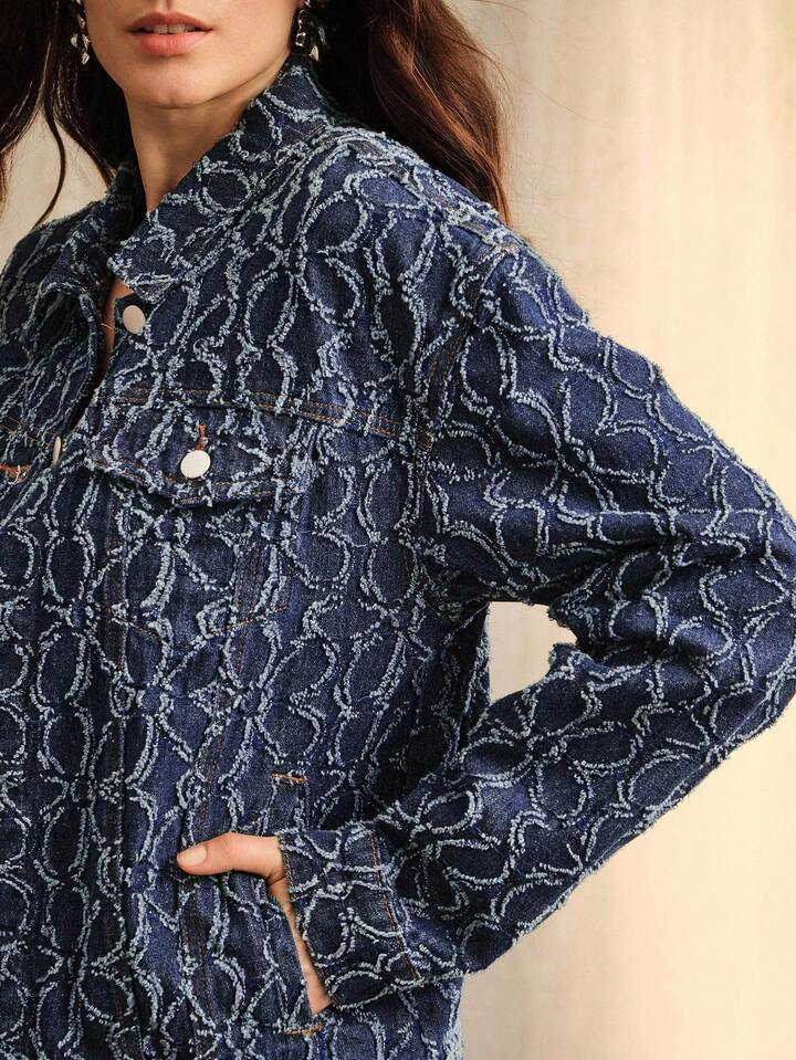 CM-CS134419 Women Casual Seoul Style Collar Neckline Long Sleeve Jacquard Denim Jacket - Blue