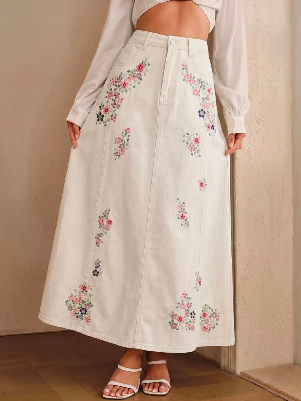 CM-BS268706 Women Casual Seoul Style Mid Waist Embroidery Slimming Design Split A-Line Denim Skirt - White