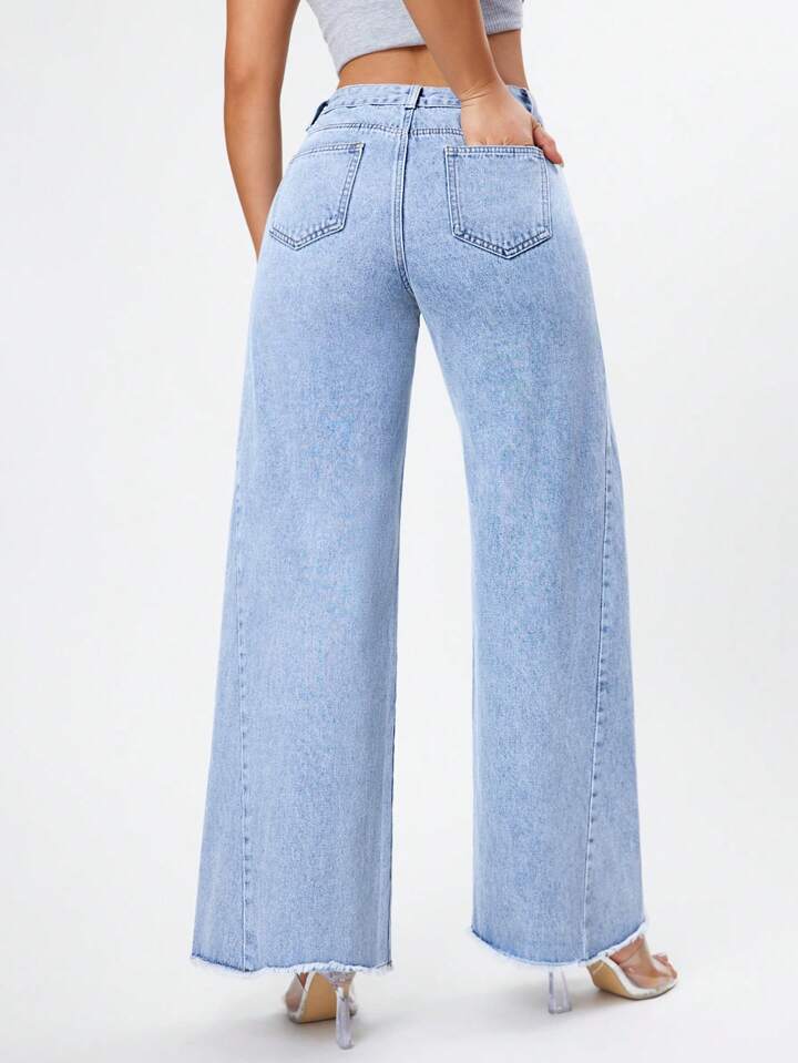 CM-BS896065 Women Casual Seoul Style Light Wash High Waist Raw Hem Wide Leg Jeans