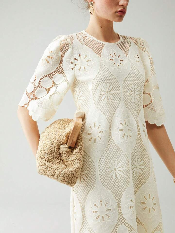 CM-DS811995 Women Elegant Seoul Style Round Neck Half Sleeve Lace Overlay Dress - Apricot