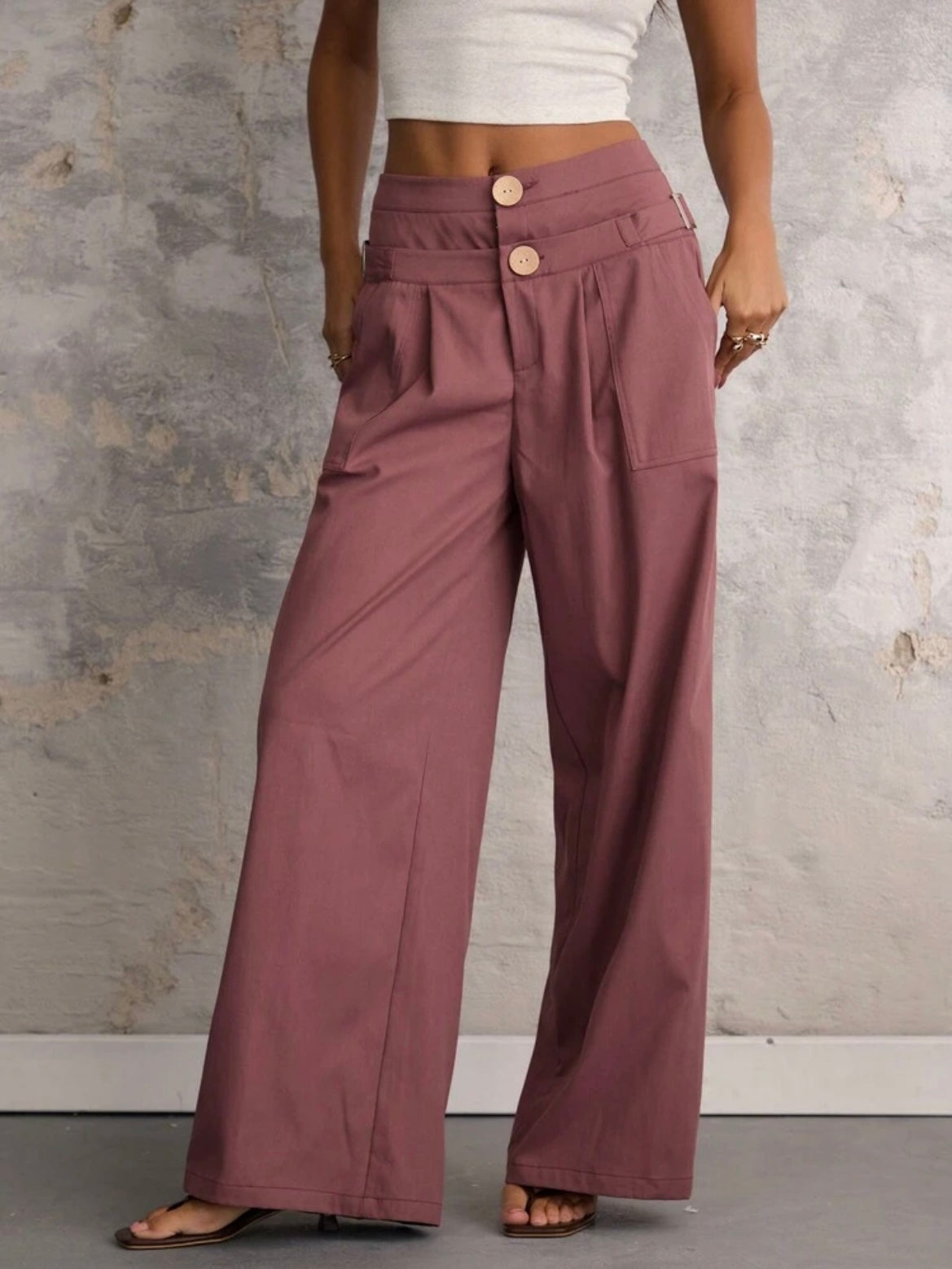 CM-BS712995 Women Casual Seoul Style Solid Color Double Waist Wide Leg Pants