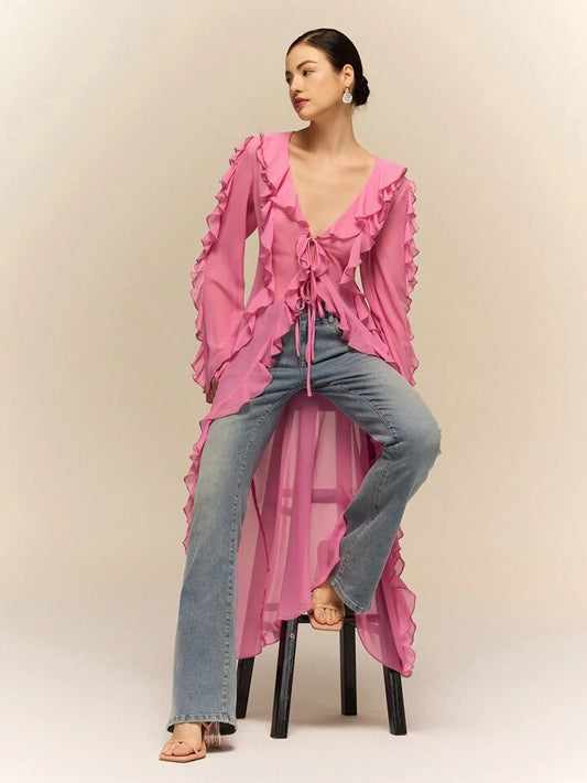 CM-TS168445 Women Casual Seoul Style Ruffle Tie Neck Extra Long Sleeve Sheer Long Shirt - Pink
