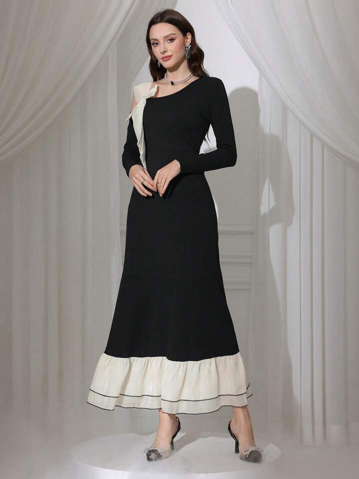CM-DS763665 Women Elegant Seoul Style Bow Decor Asymmetrical Neck Long Sleeve Dress - Black