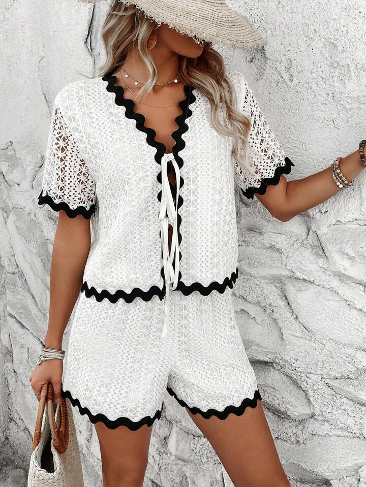 CM-SS149483 Women Trendy Bohemian Style Hollow Out Front Tie Short Sleeve Top With Shorts - White