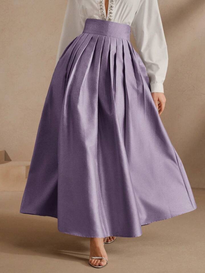CM-BS934212 Women Elegant Seoul Style High Waisted Puff Pleated Long Skirt - Purple