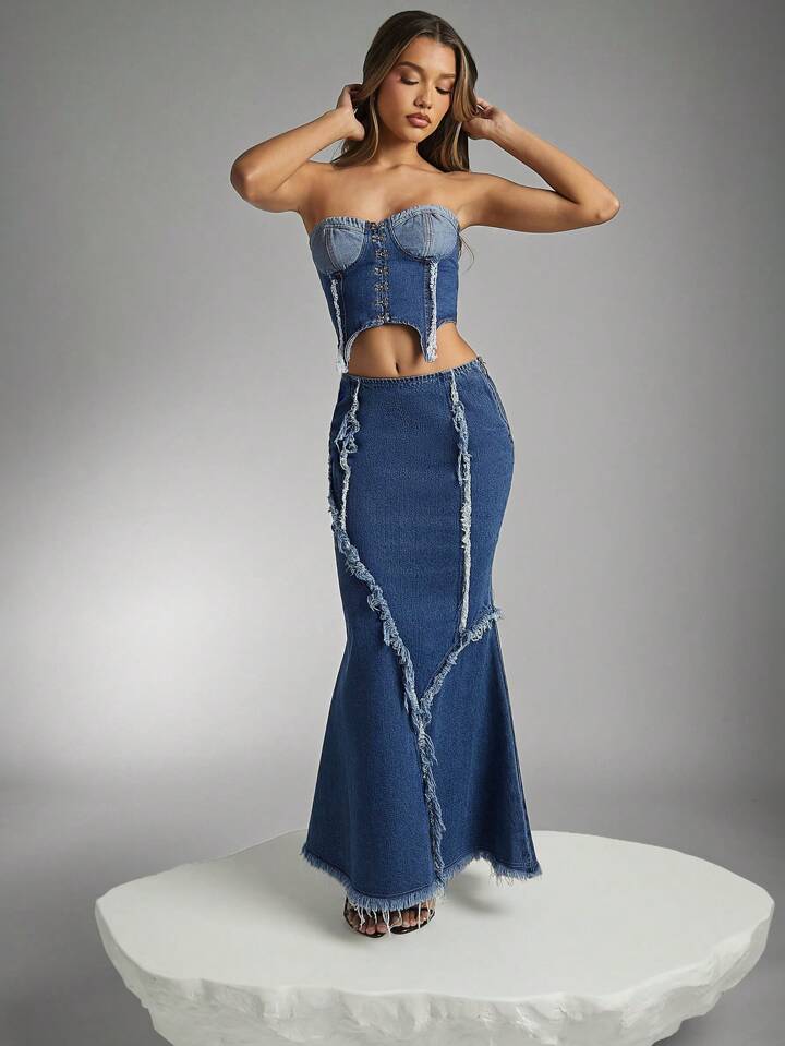 CM-BS199353 Women Casual Seoul Style Frayed Lace Detail Distressed Hem Denim Mermaid Skirt