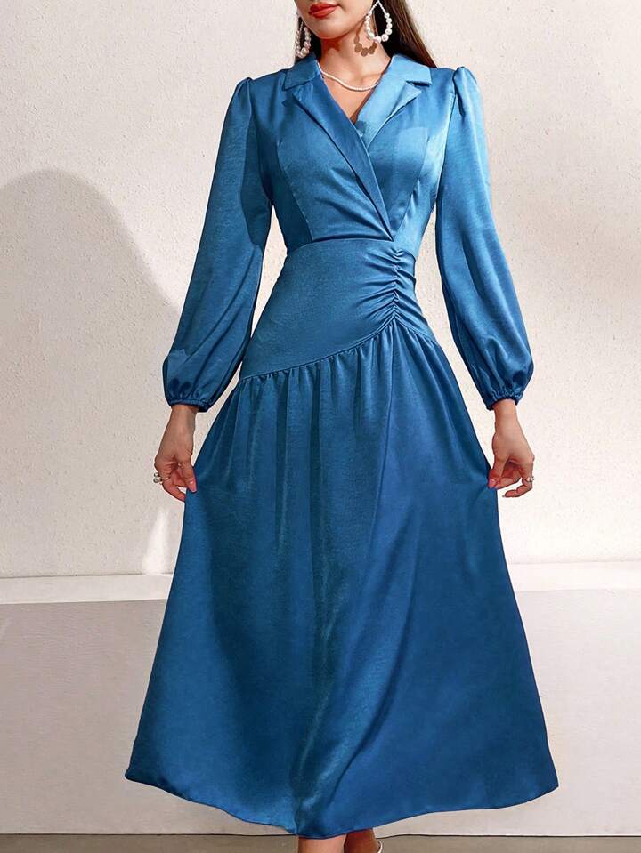CM-DS641797 Women Casual Seoul Style Turn-Down Collar Lantern Sleeve Pleated Dress - Blue