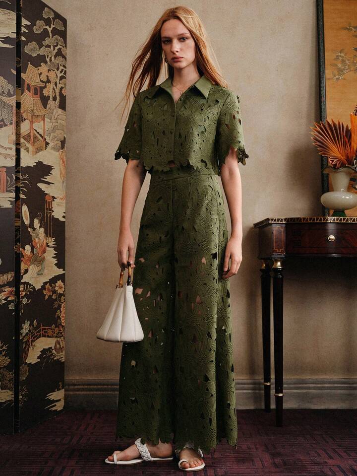 CM-SS464228 Women Trendy Bohemian Style Laser Cut Out Embroidered Short Sleeve Crop Top With Wide Leg Pants - Set