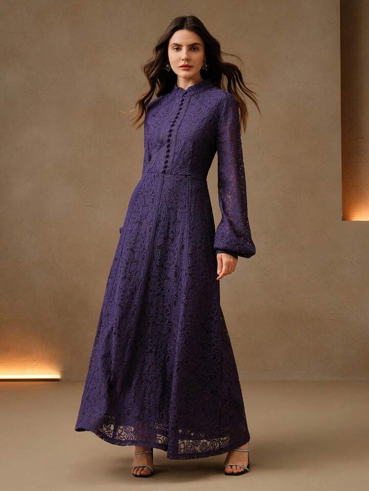 CM-DS393199 Women Elegant Seoul Style Lace Mandarin Collar Long Sleeve A-Line Dress - Purple