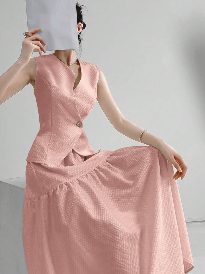 CM-SS546707 Women Elegant Seoul Style Solid Button Front Vest Jacket With Ruffle Hem Skirt - Pink