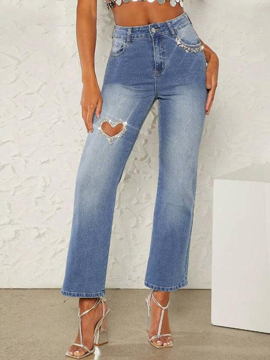 CM-BS655119 Women Casual Seoul Style High Waist Ripped Straight Leg Jeans With Rhinestone Heart Cut Out