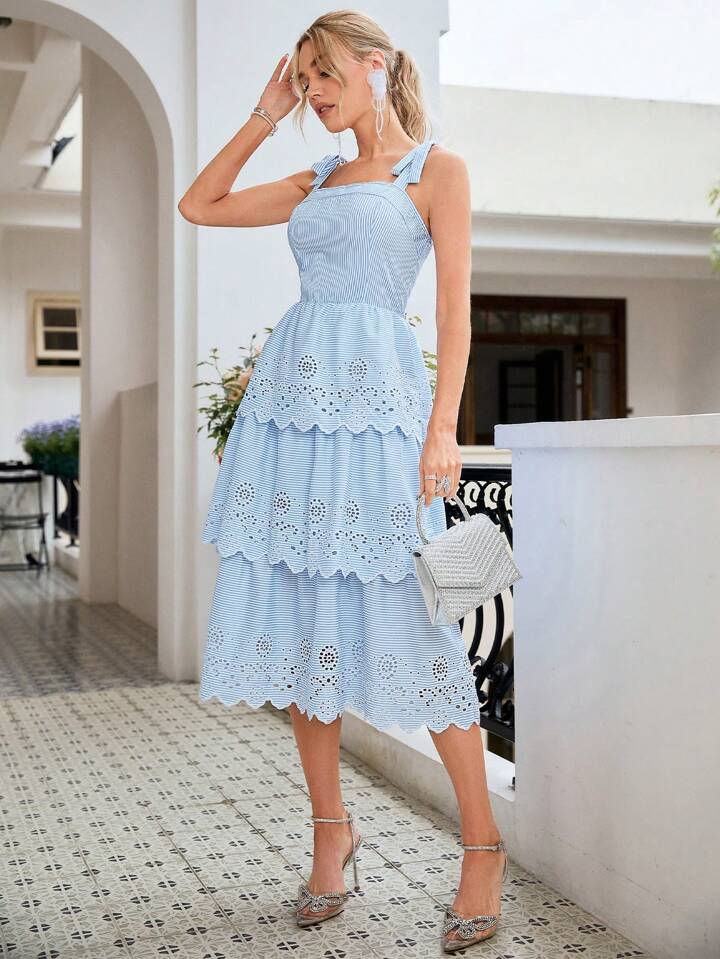 CM-DS550562 Women Elegant Seoul Style Hollow Out Embroidery Shoulder Strap Striped Sundress