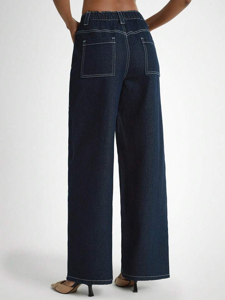CM-BS236389 Women Casual Seoul Style Dark Wash High Waist Button Fly Extra Long Wide Leg Jeans
