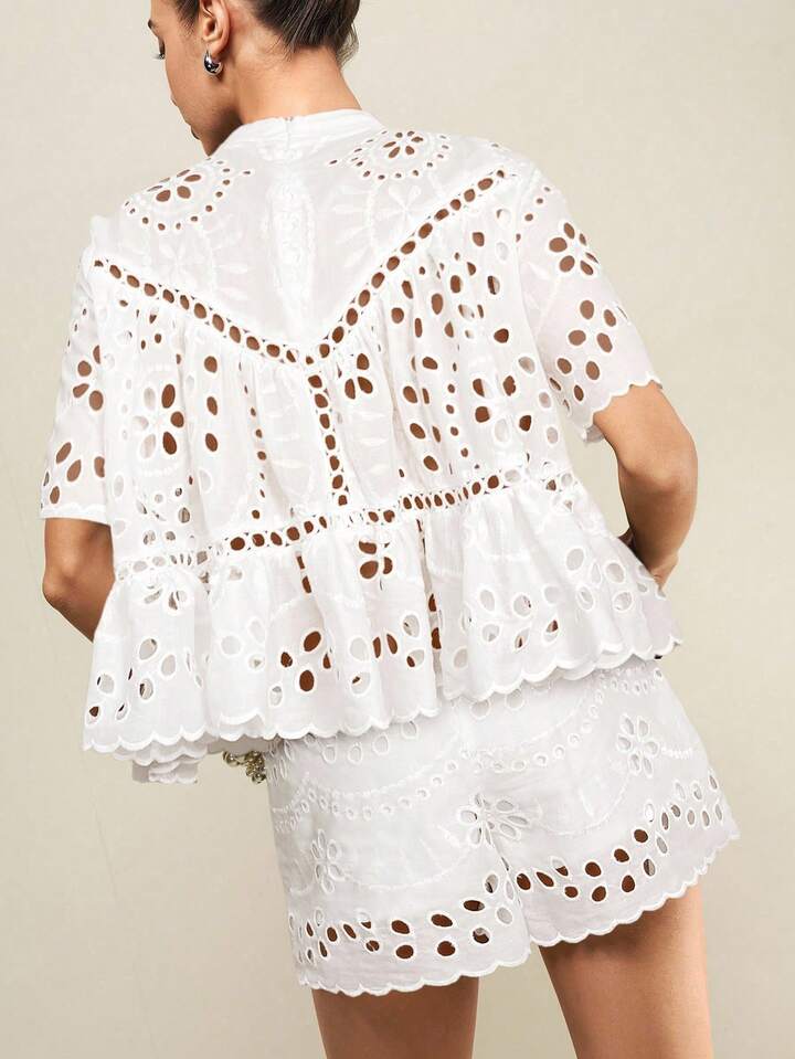 CM-SS780610 Women Casual Seoul Style Hollow Out Embroidered Loose Blouse With Wide Loose Shorts - Set