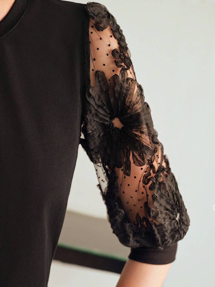 CM-TS949863 Women Elegant Seoul Style Round Neck Floral Pattern Dobby Mesh Lantern Sleeve Tee - Black