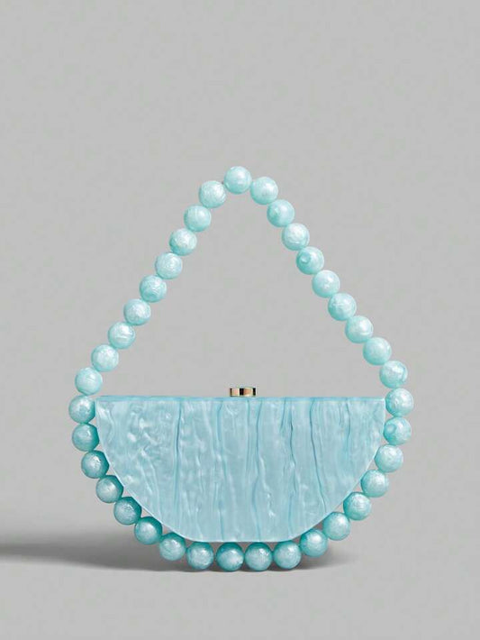 CM-BGS217727 Women Trendy Seoul Style Semi-Circle Beaded Faux Pearl Rhinestone Handbag - Blue