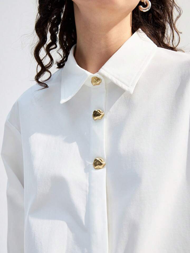 CM-TS827052 Women Casual Seoul Style Solid Collar Neckline Drop Shoulder Long Sleeve Blouse - White