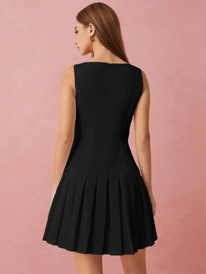 CM-DS158041 Women Elegant Seoul Style Metal Buttons Decor Pleated Hem Sleeveless Mini Dress - Black