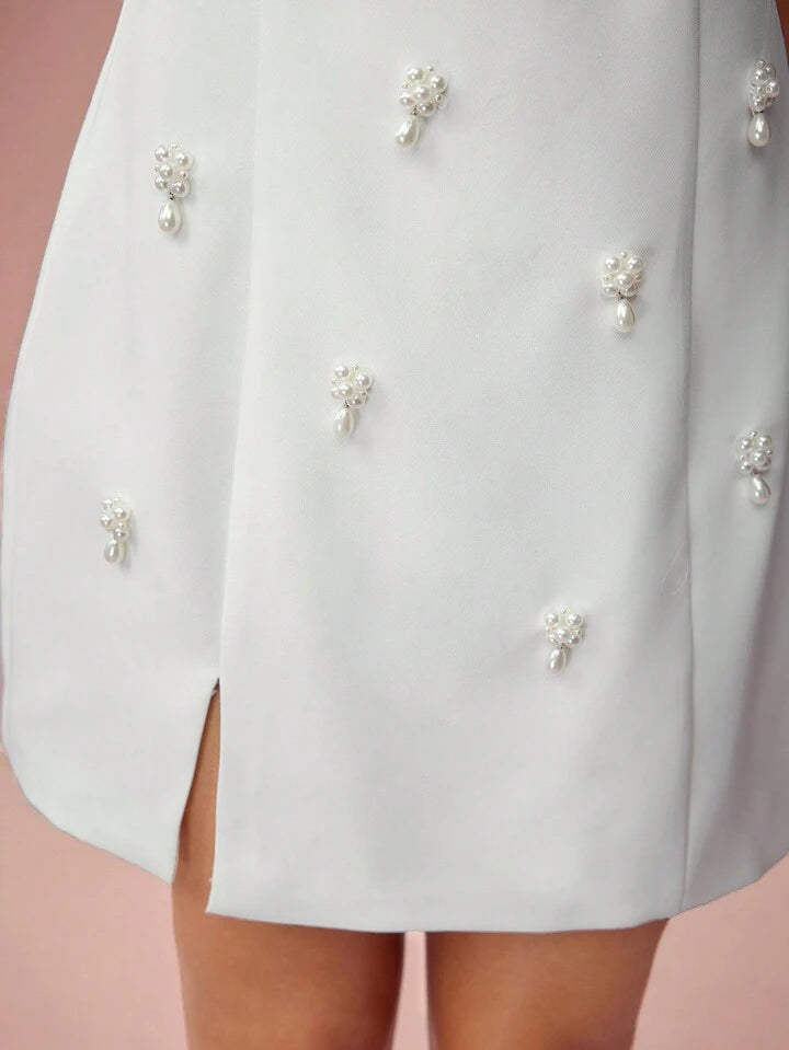 CM-DS878349 Women Elegant Seoul Style Pearl Decoration Square Neck Sleeveless Mini Dress - White