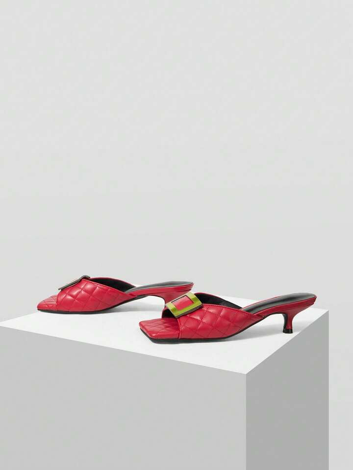 CM-SHS000135 Women Trendy Seoul Style Colorblock Square Toe High Heel Sandals - Red