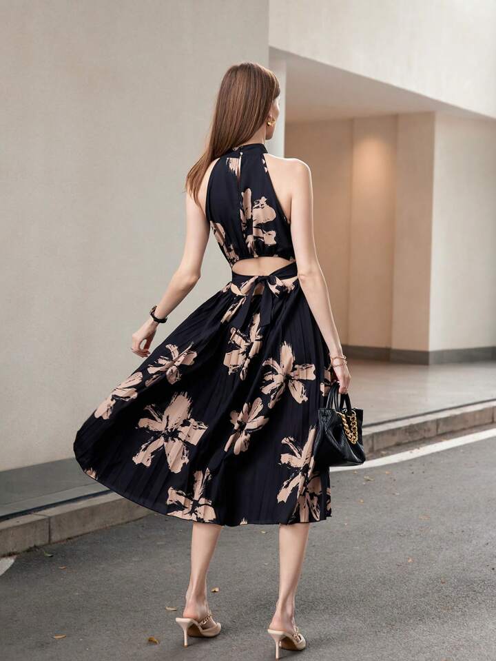 CM-DS755117 Women Casual Seoul Style Strappy Sleeveless Tie Back Pleated Long Dress - Black