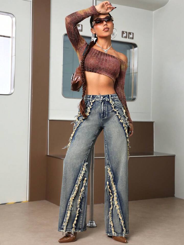 CM-BS180850 Women Casual Seoul Style Drop Waist Raw Trim Loose Wide Leg Jeans - Blue