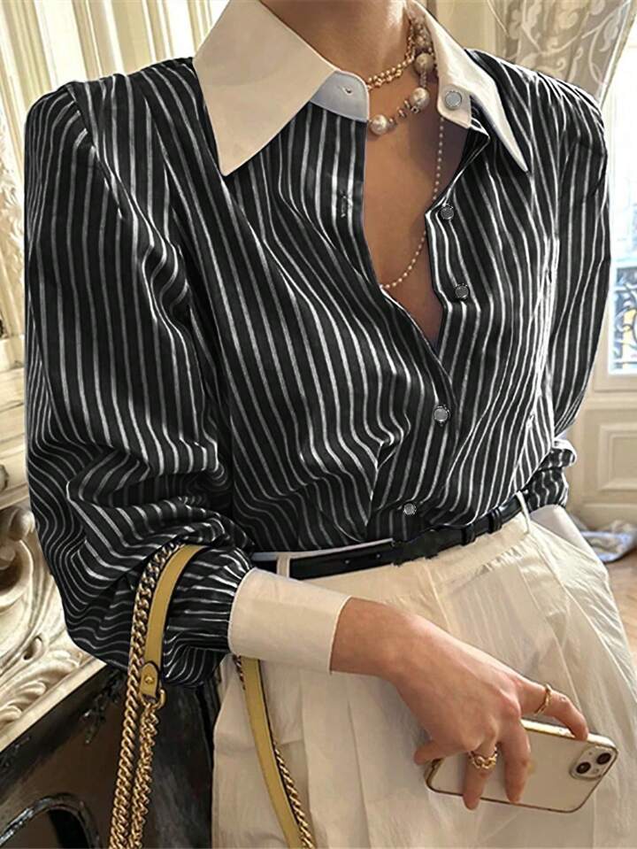 CM-TS686288 Women Casual Seoul Style Striped Button-Up Shirt Collar Long Sleeve Blouse - Black