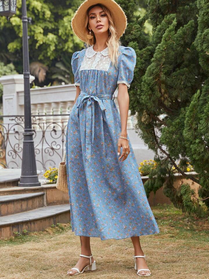 CM-DS111938 Women Trendy Bohemian Style Mesh Doll Collar Floral Embroidery Bubble Sleeve Dress