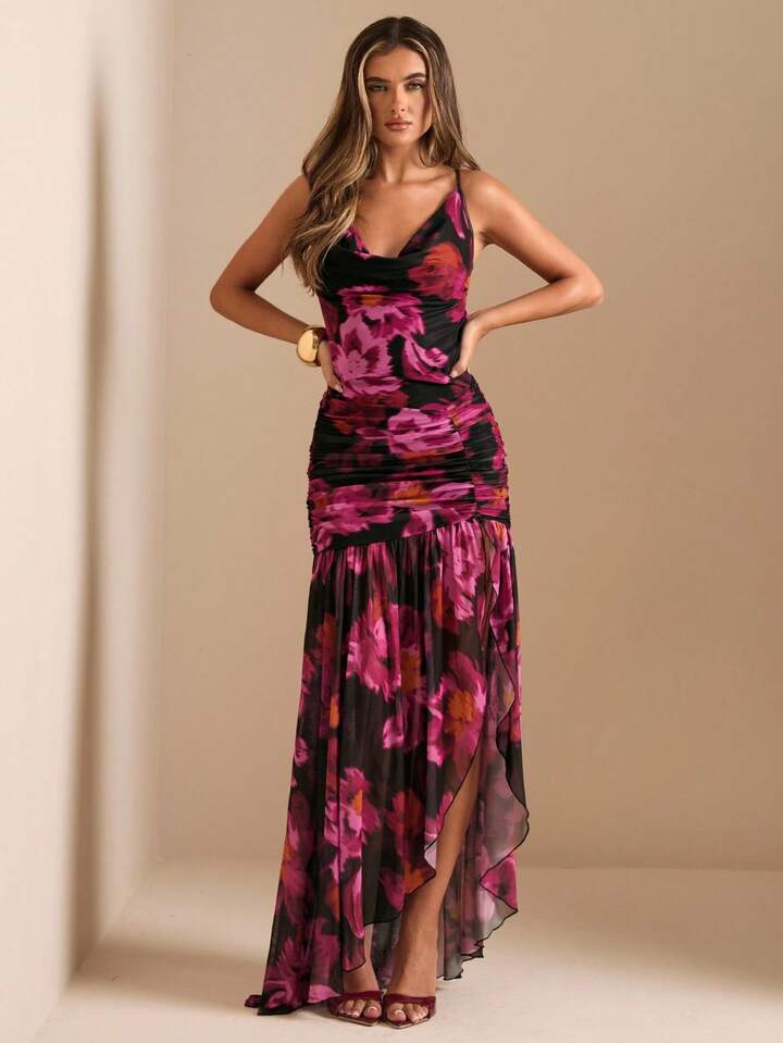 CM-DS809380 Women Trendy Bohemian Style Deep Draped Neck High Slit Floral Print Fitted Mesh Dress - Dark Pink