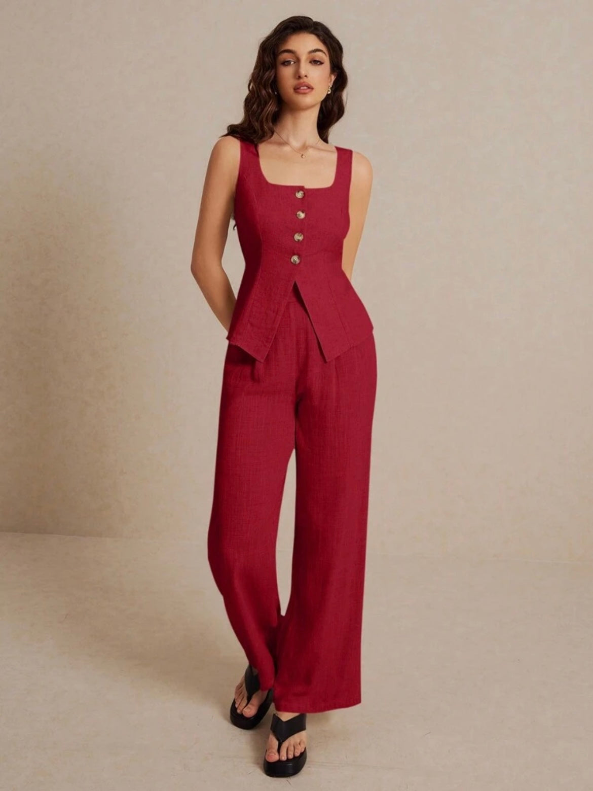 CM-SS698023 Women Casual Seoul Style Metal Button Embellishment Split Square Neck Sleeveless Vest With Pants - Set