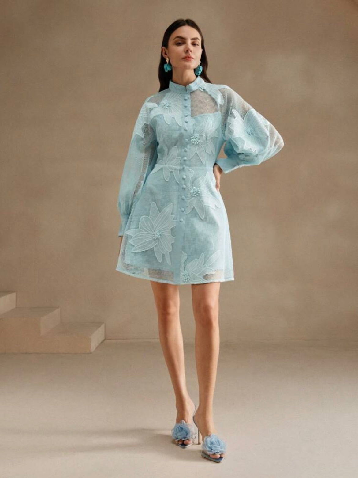 CM-DS852705 Women Elegant Seoul Style Collar Neckline Lace Cinched Waist Lantern Sleeve Dress - Baby Blue
