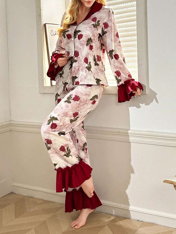 CM-LS114412 Women Trendy Seoul Style Colorblock Ruffle Collar Bubble Crepe Floral Print Sleepwear Set