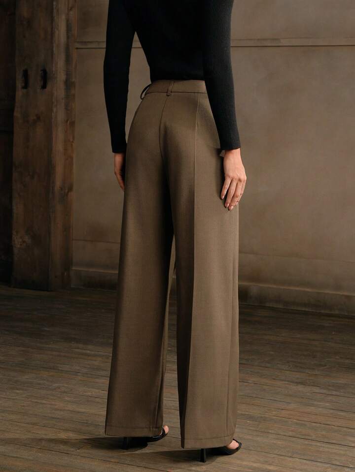 CM-BS466966 Women Elegant Seoul Style Asymmetrical Draping Cross-Wrap Pockets Straight-Leg Pants - Brown