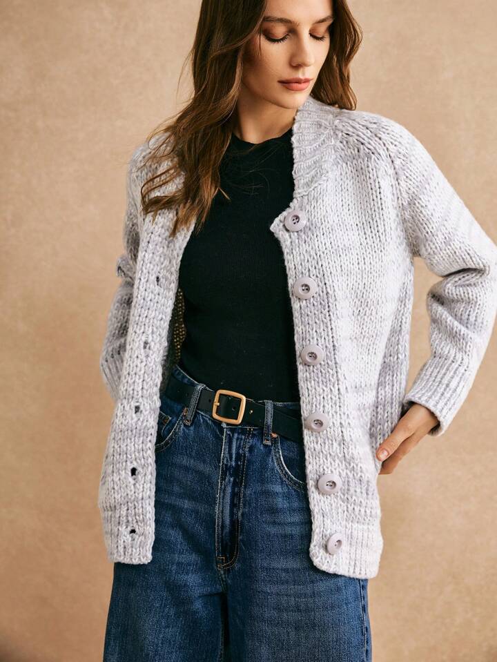 CM-CS989545 Women Casual Seoul Style Solid Color Raglan Sleeve Single-Breasted Cardigan - Gray