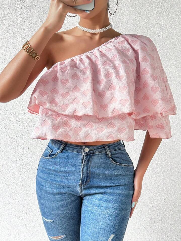 CM-TS298526 Women Casual Seoul Style Heart Shaped Design Oblique Shoulder Blouse
