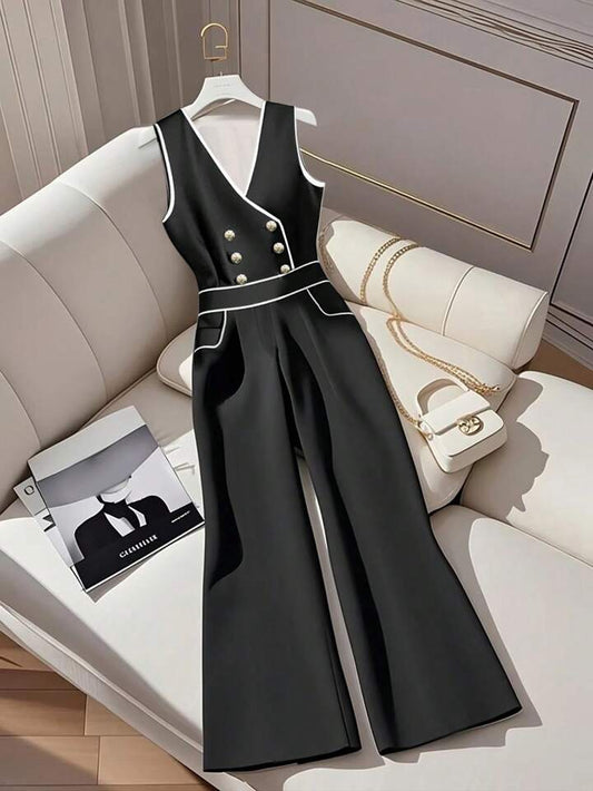 CM-JS929219 Women Elegant Seoul Style V-Neck Sleevelss High Waist Colorblock Jumpsuit - Black