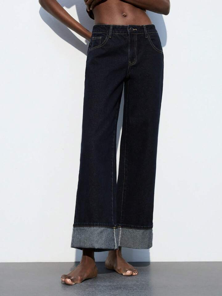 CM-BS881616 Women Casual Seoul Style Dark Wash Straight Leg 7/8 High Waist Loose Fit Denim Pants