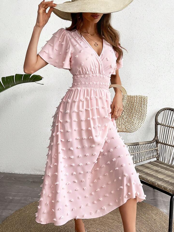 CM-DS224449 Women Casual Seoul Style Short Sleeve V-Neck Waist Gathered Dress - Pink