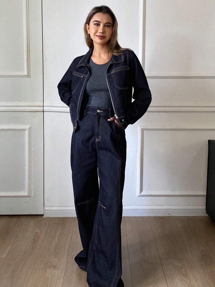 CM-SS534015 Women Elegant Seoul Style Collared Long Sleeve Jacket With Loose Fit Jeans - Set