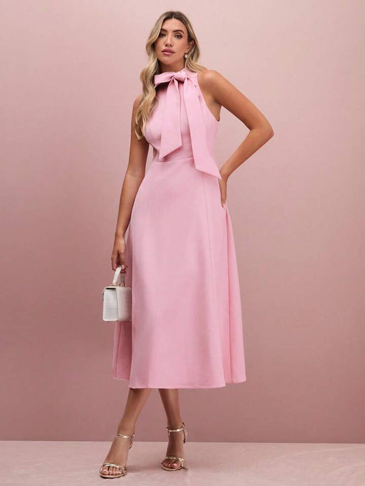 CM-DS051639 Women Elegant Seoul Style Tie Neck Sleeveless High Waist A-Line Midi Dress - Pink